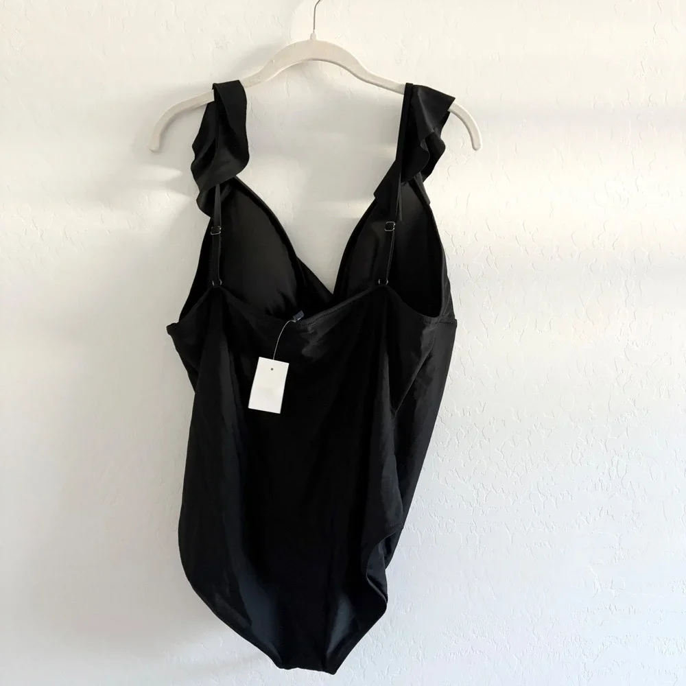 NWT J Crew XXL Black Ruffle One Piece Swimsuit Adjustable Straps
